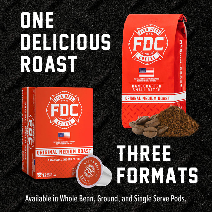 FDC Coffee One Delicious Roast promotional graphic showing a red coffee bag, red coffee box, and a single coffee pod on a black textured background with large white text reading 'ONE DELICIOUS ROAST' and 'THREE FORMATS'.