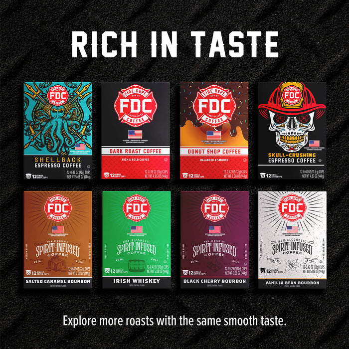 A promotional graphic for FDC Coffee Roasters showing eight different coffee bag packs arranged in a grid on a black textured background, with the headline 'RICH IN TASTE' at the top and a tagline at the bottom.