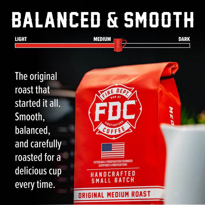 A red bag of FDC Coffee 'Original Medium Roast' is shown against a dark background with promotional text and a light-to-dark roast slider graphic at the top. The bag features a white fire department-style logo and reads 'Balanced & Smooth'.