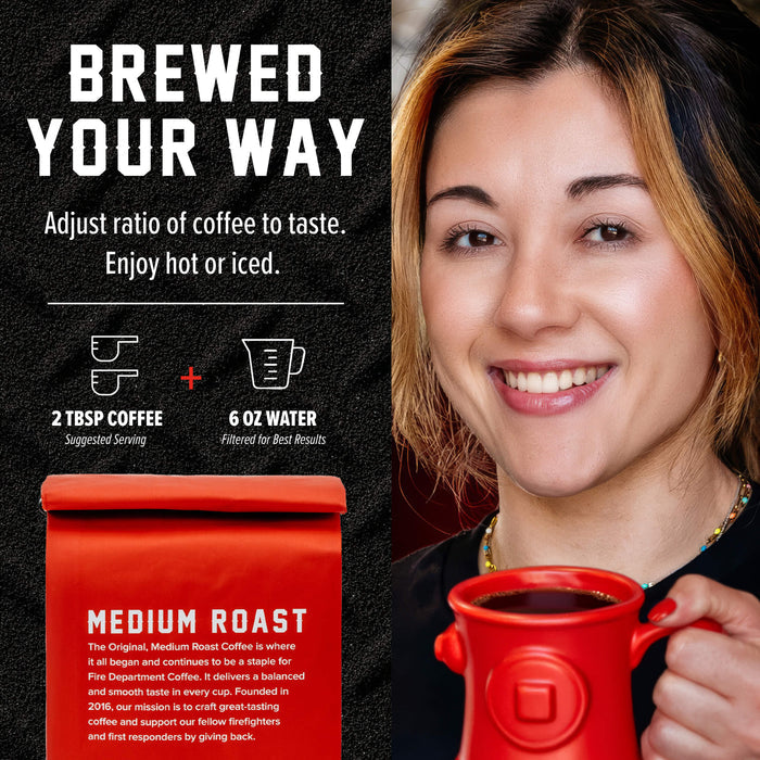 A promotional graphic for a red coffee mug with a built-in coffee maker. The left side features a black background with white text reading 'BREWED YOUR WAY' and details about a medium roast coffee mix, while the right side shows a smiling woman holding the red mug with coffee inside.