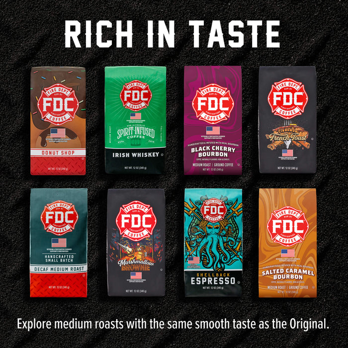 Eight bags of FDC Coffee Roasters medium roast coffee arranged in a 2x4 grid on a black textured background, with the headline 'RICH IN TASTE' at the top and descriptive text at the bottom.