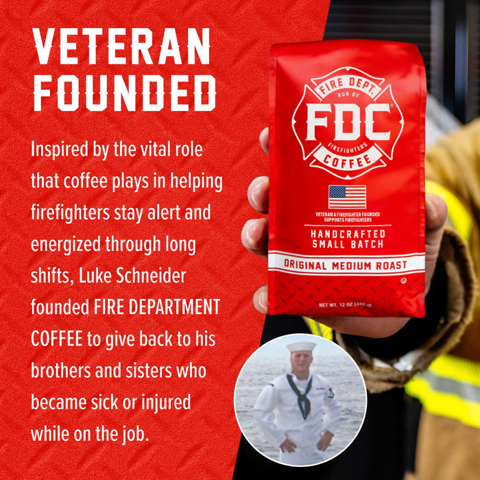 A hand holds a red bag of FDC Fire Department Coffee against a red promotional background with white text reading 'VETERAN FOUNDED' and a short descriptive blurb. A circular inset photo shows a man in a sailor uniform.