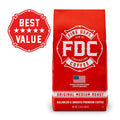 A 5lb bag of Fire Department Coffee's Original Medium Roast with a "best value" tag in the top left corner