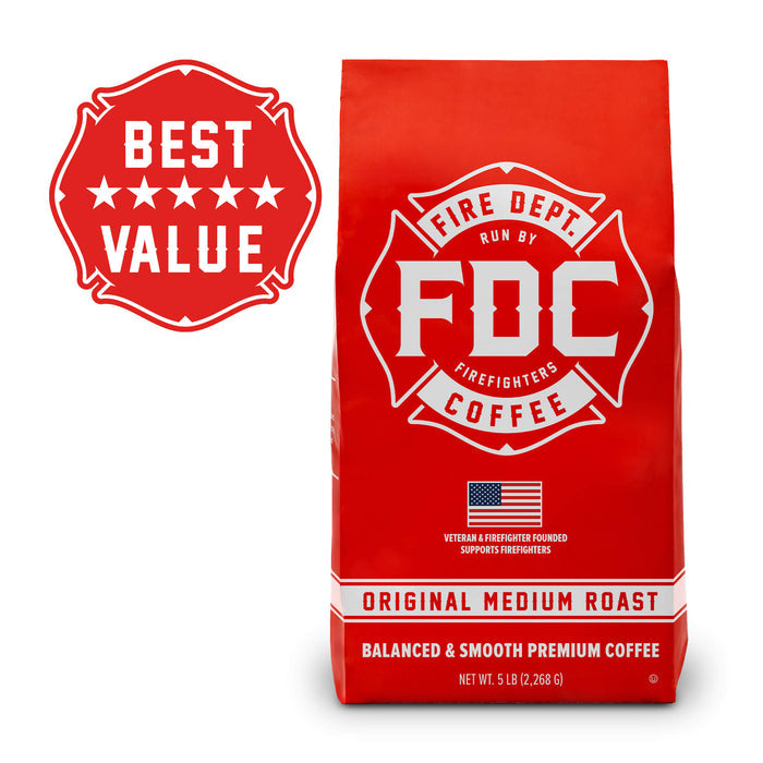 A 5lb bag of Fire Department Coffee's Original Medium Roast with a "best value" tag in the top left corner