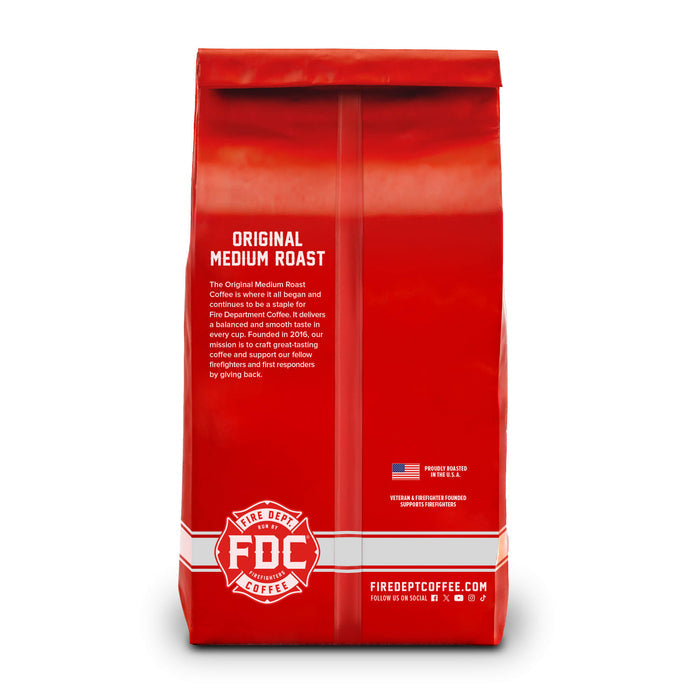 The back of the 5lb bag of Fire Department Coffee's Original Medium Roast on a solid white background.