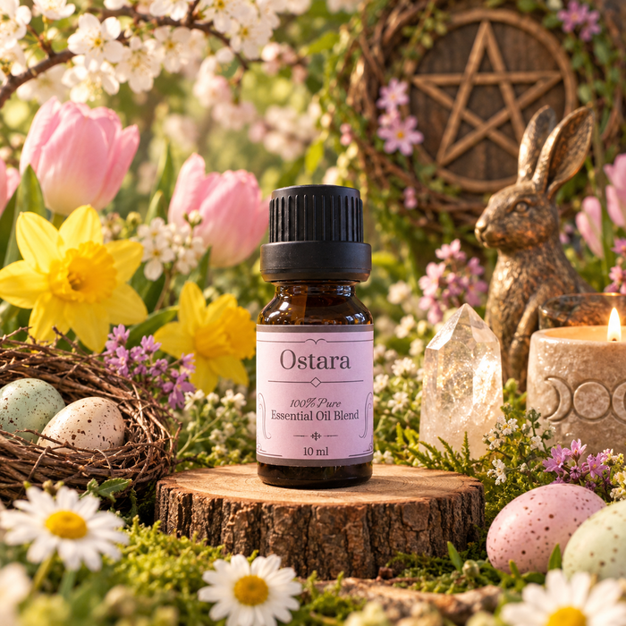A 10 ml amber glass bottle of Ostara 100% Pure Essential Oil Blend with a black cap and a light pink label, displayed on a wooden slice in a lush, colorful Easter garden setting with tulips, daisies, eggs, a crystal, and a rabbit figurine.