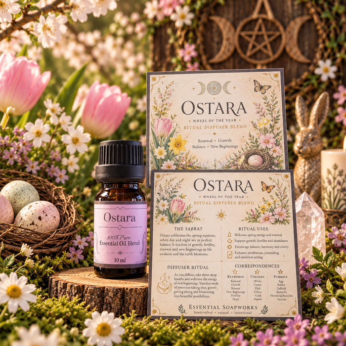 Ostara ritual diffuser blend essential oil bottle and packaging cards displayed in a floral, spring-themed setting with tulips, eggs, moss, and crystals.