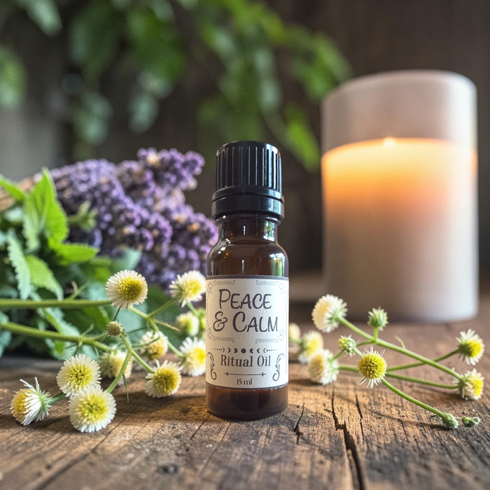 A small amber glass bottle labeled 'PEACE & CALM Ritual Oil 15 ml' with a black cap, placed on a rustic wooden surface with white flowers, green leaves, and a lit candle in the background.