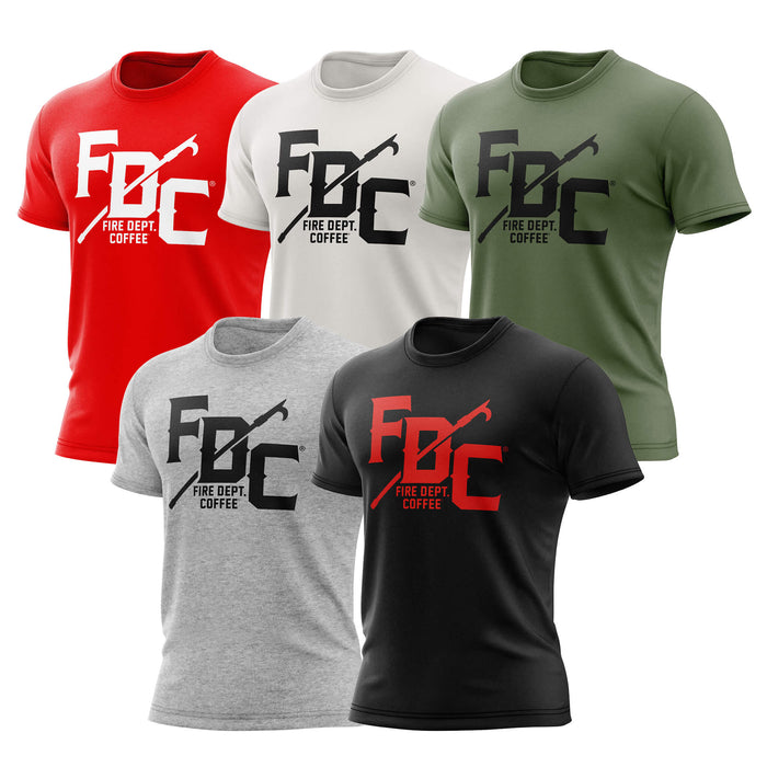 Five Fire Dept. Coffee T-shirts in red, vintage white, military green, heather gray, and black, each featuring a large FDC logo with a pike pole graphic running through it and small 'Fire Dept. Coffee' text below