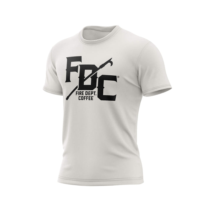 A vintage white Fire Dept. Coffee T-shirt displayed on a white background, featuring a large black FDC logo with a pike pole graphic through the middle and small ‘Fire Dept. Coffee’ text underneath the logo on the front.