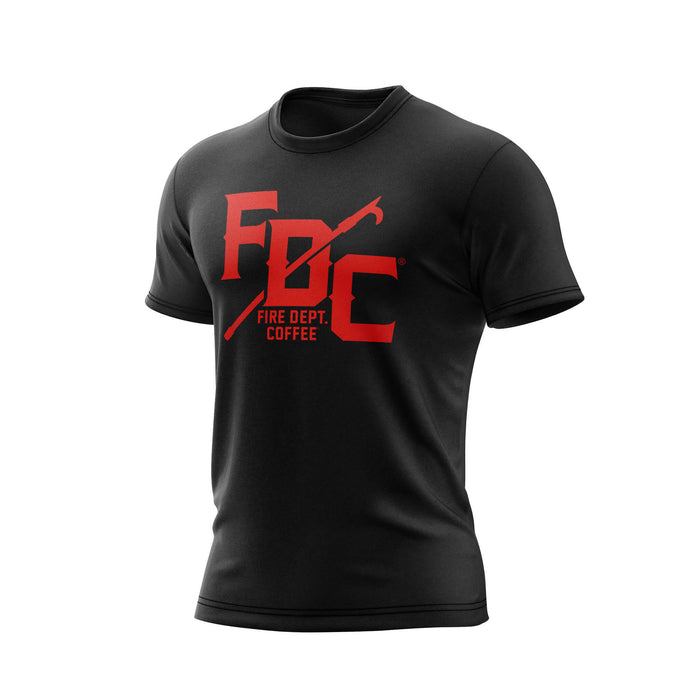 A black Fire Dept. Coffee T-shirt displayed on a white background, featuring a large red FDC logo with a pike pole graphic through the middle and small ‘Fire Dept. Coffee’ text underneath the logo on the front.