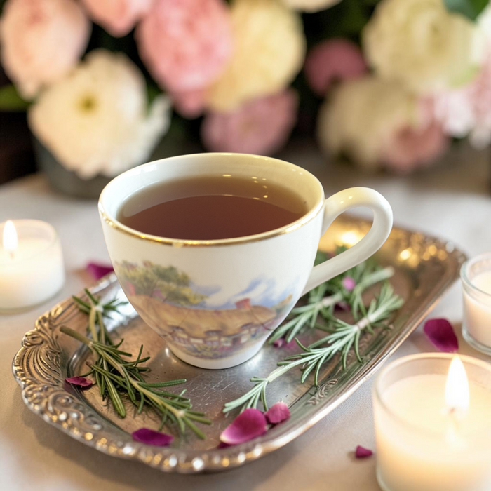 Protection tea on a silver tray with rosemary and pink petals, candles, and flowers in the background.