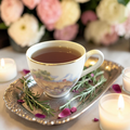 Protection tea on a silver tray with rosemary and pink petals, candles, and flowers in the background.