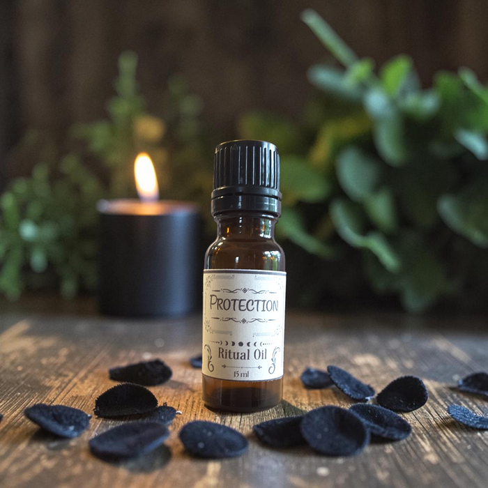A small amber glass bottle labeled 'PROTECTION Ritual Oil' stands on a wooden surface with scattered dark petals in front and a blurred lit candle and greenery in the background.