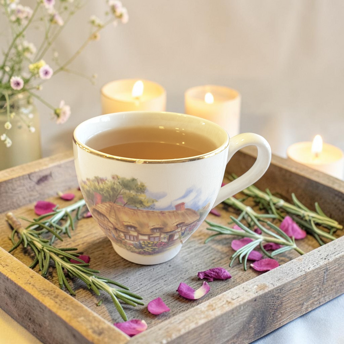 Quiet Mind tea on a wooden tray with herbs and candles