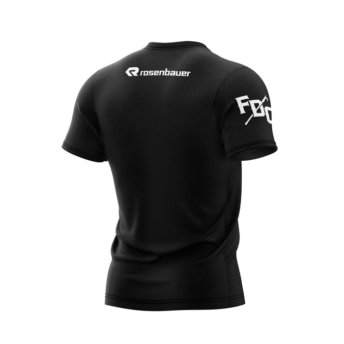 The back of a Rescue1 Shirt, featuring a Rosenbauer logo on the back, and the FDC Pike Pole logo on the sleeve.