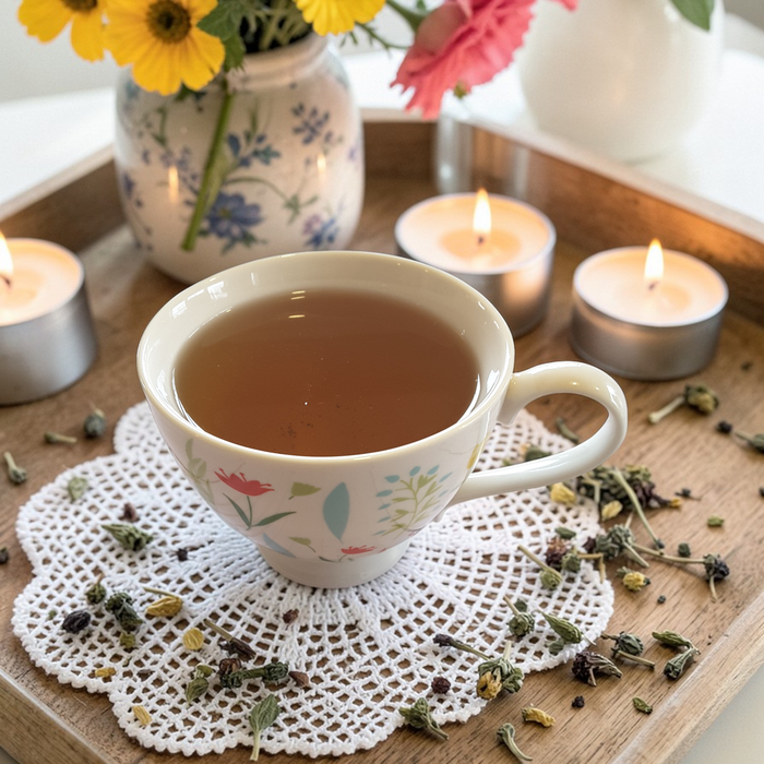 Restoration & Renewal Emotional Wellness Tea on a doily with candles and flowers in the background