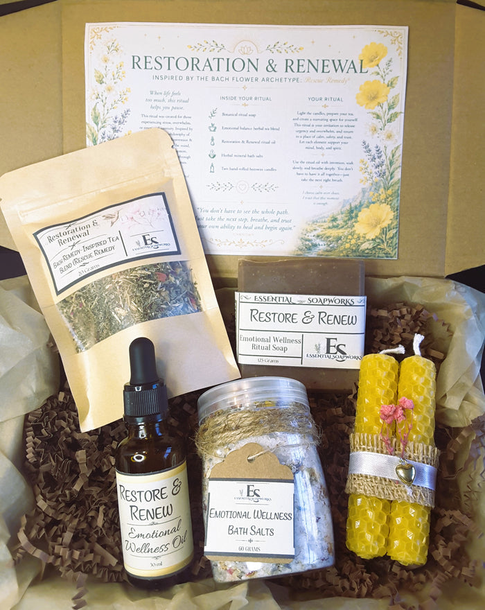 Restoration & Renewal Emotional Balance Ritual Kit with soap, bath salts, tea blend, essential oil blend, and candles