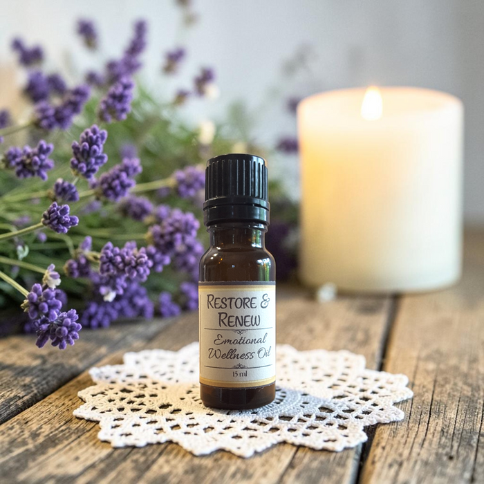 Restore & Renew Emotional Wellness Oil on a doily on a wooden surface with lavender and candles