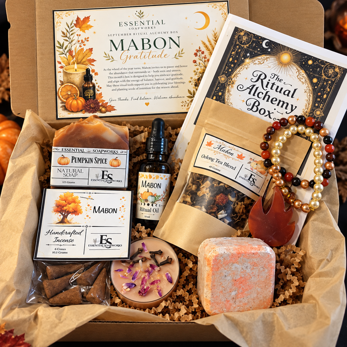 mabon ritual alchemy witchy subscription kit featuring ritual guide, botanical soap,  loose leaf tea, ritual oil, incense, candles, crystals and jewelry