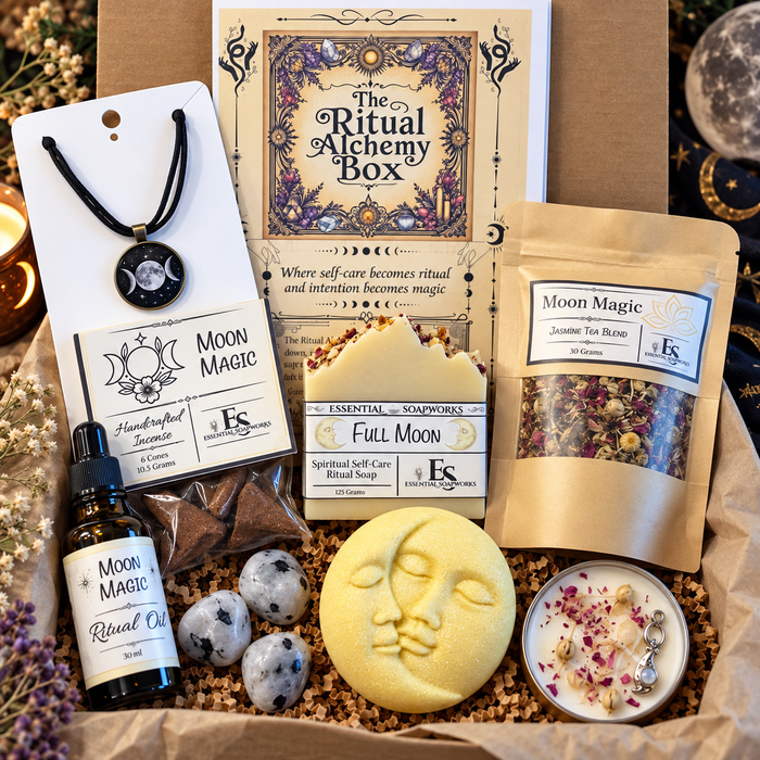 moon magic ritual alchemy witchy subscription kit featuring ritual guide, botanical soap, loose leaf tea, ritual oil, incense, candles, crystals and jewelry