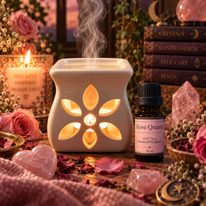 Rose Quartz witchy diffuser blend shown with an essential oil burner on a wooden surface with rose quartz crystals and roses with a candle in the background