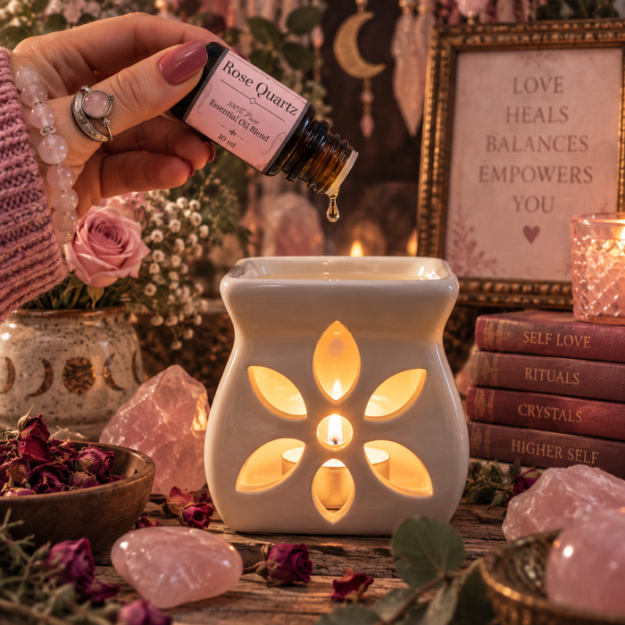 Rose Quartz witchy diffuser blend being poured into an essential oil burner on a wooden surface with rose quartz crystals and roses