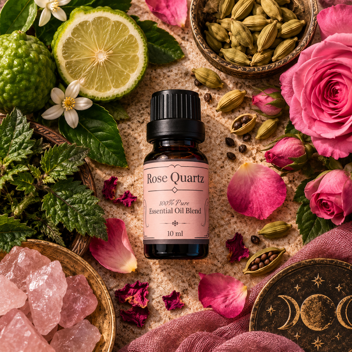Rose Quartz witchy diffuser blend on a sandy surface surrounded by cardamom pods, roses and rose quartz crystals