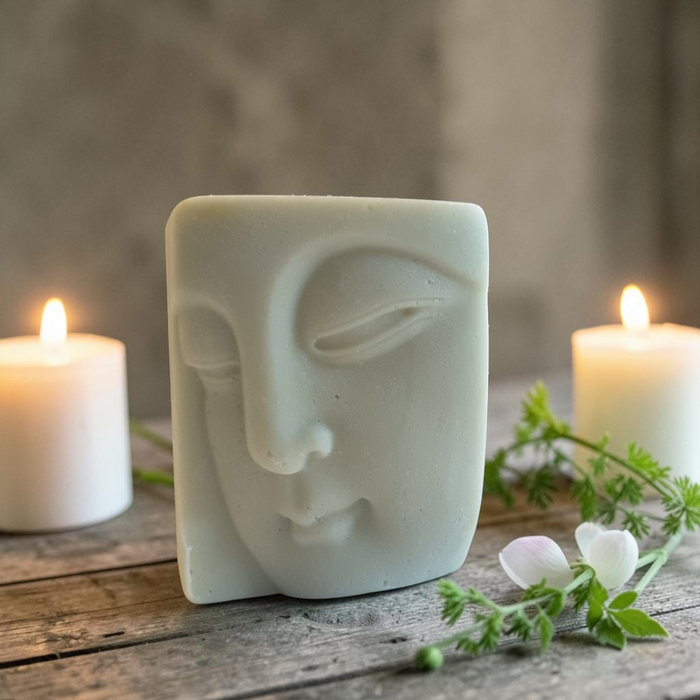 A matte white rectangular candle shaped like a stylized Buddha face with closed eyes, displayed on a rustic wooden surface with two lit white candles and small white flowers in the background.