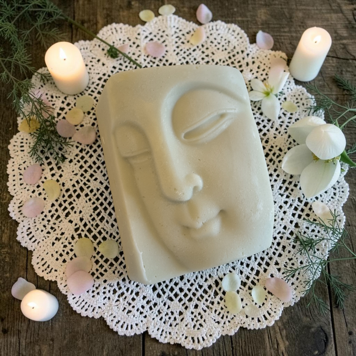 A rectangular soap bar with a carved Buddha face design, displayed on a white lace doily with white flowers, greenery, and lit candles on a rustic wooden surface.