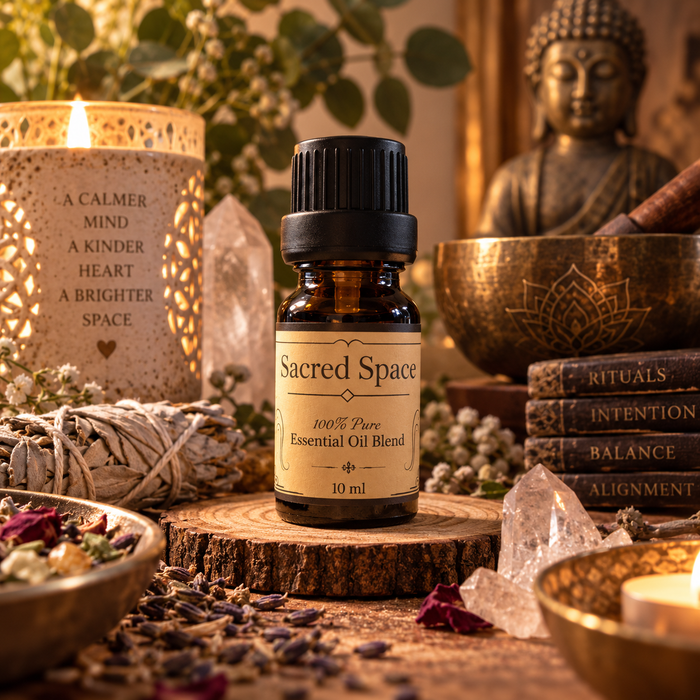 Sacred Space essential oil diffuser blend on a wooden surface with clear quartz crystals, a singing bowl and stack of books with a candle and buddha statue in the background