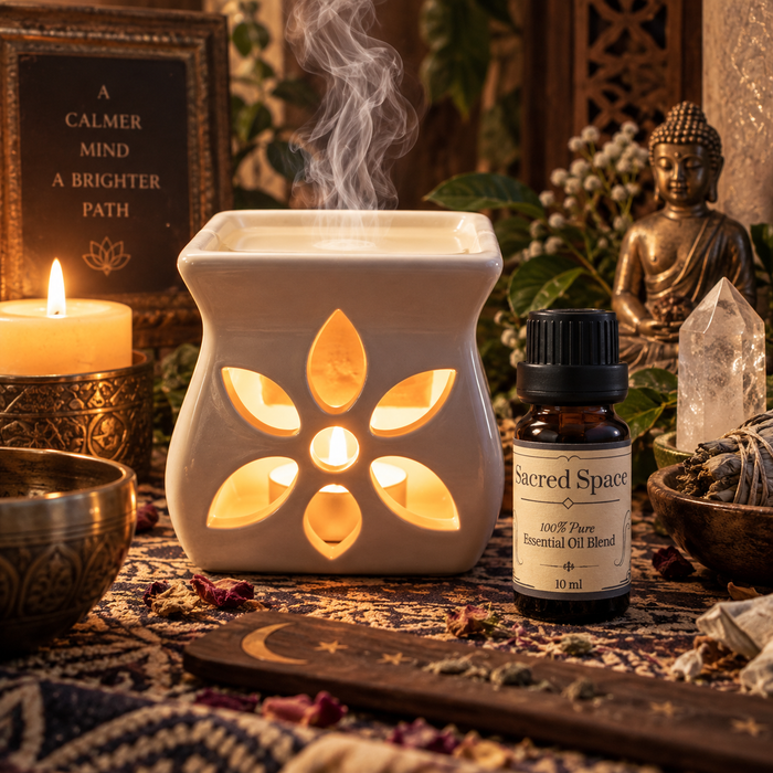 Sacred Space essential oil diffuser blend alongside an essential oil burner on a wooden surface with clear quartz crystals, a singing bowl and stack of books with a candle and buddha statue in the background