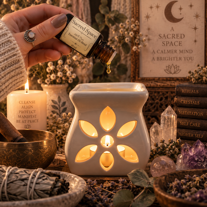 Sacred Space essential oil diffuser blend being poured into an essential oil burner on a wooden surface with clear quartz crystals, a singing bowl and stack of books with a candle and buddha statue in the background