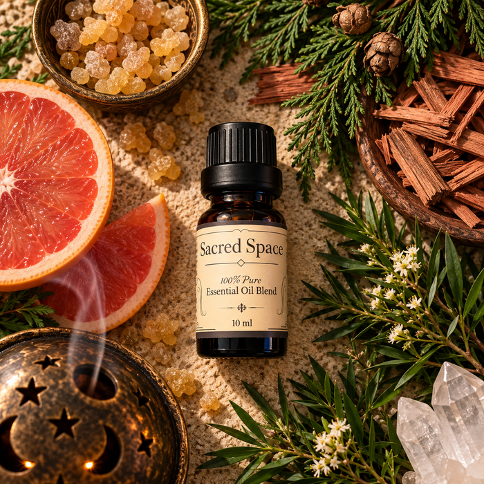 Sacred Space essential oil diffuser blend on a brown surface surrounded by grapefruit slices, frankincense resin and clear quartz crystals