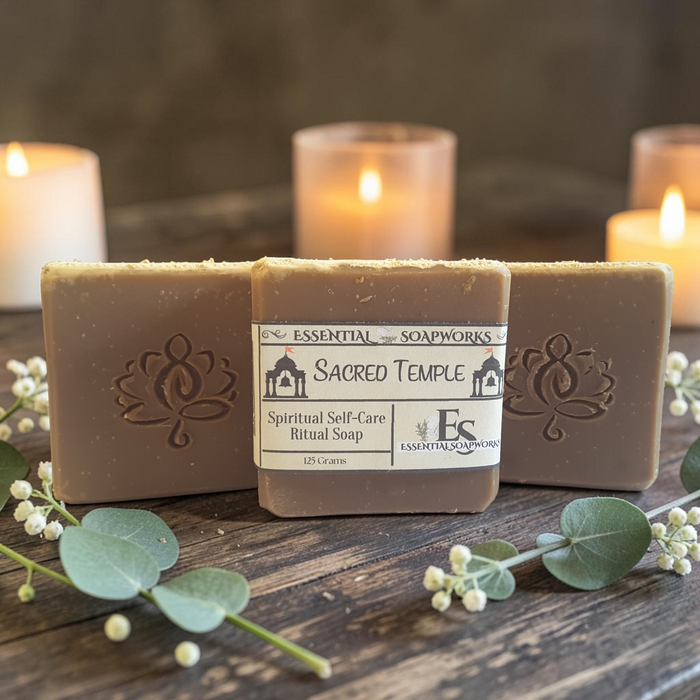 three bars of sacred temple soap on a dark wooden surface with candles in the background