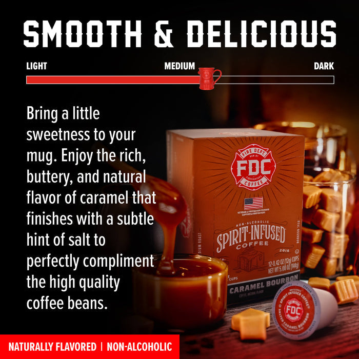 Promotional graphic for FDC Spirit Infused Coffee Caramel Bourbon, showing the product box, a capsule, caramel sauce, and coffee beans on a dark background with a flavor slider labeled 'Smooth & Delicious'.