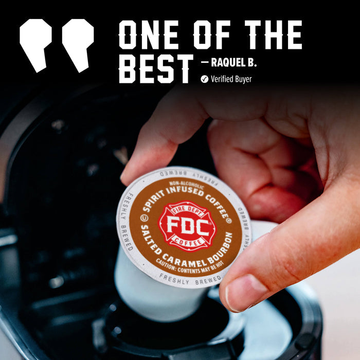 A hand holds a round FDC Spirit Infused Coffee K-cup pod above a coffee maker, with promotional text reading 'ONE OF THE BEST - RAQUEL B.' on a dark background.
