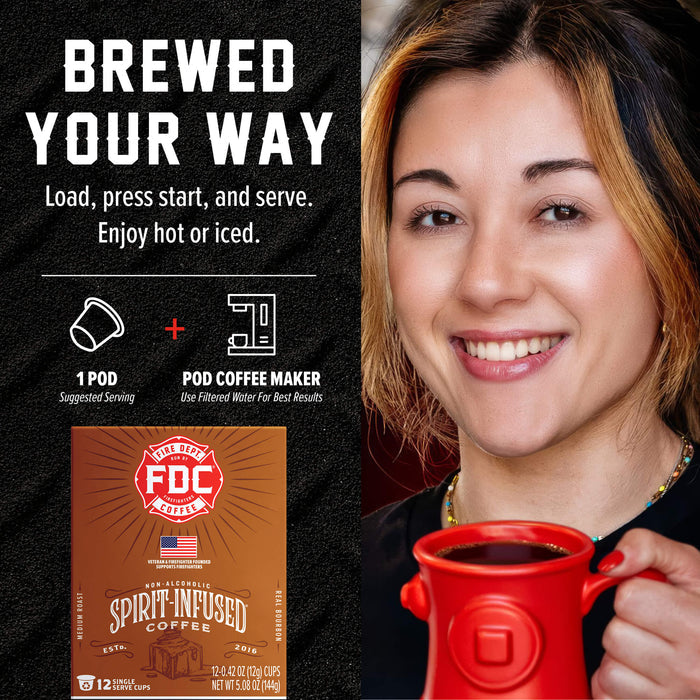 A promotional graphic for FDC Brewing's Spirit Infused Coffee showing a smiling woman on the right holding a red mug, alongside product information on the left including the text 'BREWED YOUR WAY,' a coffee pod maker icon, and a coffee pod box. The background is split between black on the left and a warm indoor setting on the right.