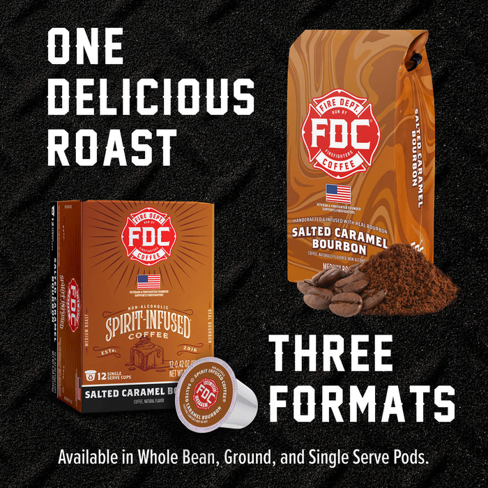 FDC Coffee Salted Caramel Bourbon coffee advertisement showing a whole bean bag, a coffee box, and a single serve pod on a black textured background with white text reading 'ONE DELICIOUS ROAST' and 'THREE FORMATS'.