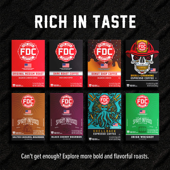 A promotional graphic for FDC Coffee Roasters showing eight different coffee bag packages arranged in a 2x4 grid on a black textured background, with the headline 'RICH IN TASTE' at the top and a tagline at the bottom.