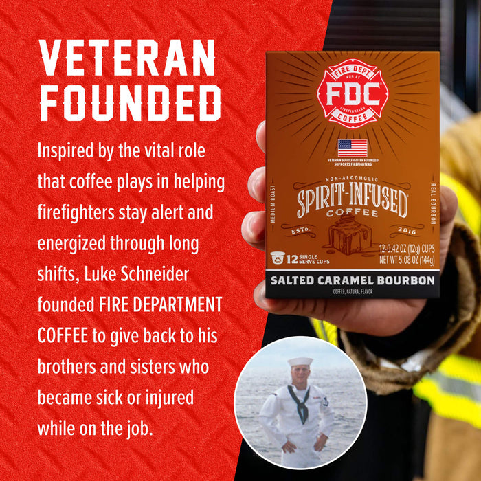 A hand holds a box of FDC Spirit Infused Coffee, Salted Caramel Bourbon, against a red graphic background with white text reading 'VETERAN FOUNDED' and a circular inset photo of a man in a white uniform.