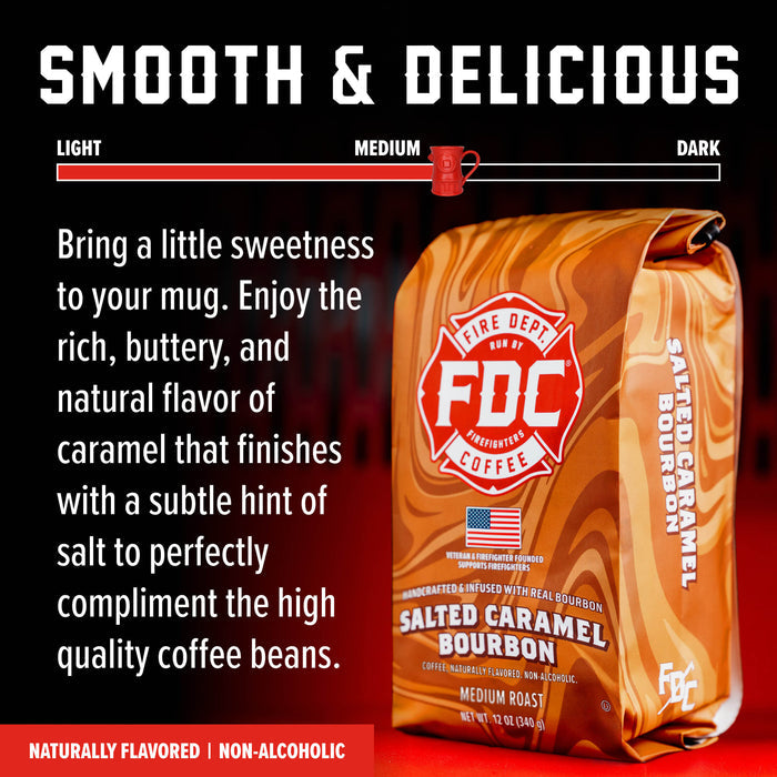 A bag of FDC Fire Department Coffee Salted Caramel Bourbon medium roast coffee beans on a dark promotional background with text describing the flavor as smooth, delicious, and caramel-rich.