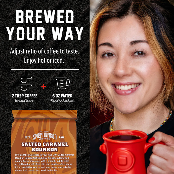 A smiling woman holds a red mug filled with coffee on the right, while the left side shows product marketing text reading 'BREWED YOUR WAY' and a bag labeled 'Spirit Infused Coffee Salted Caramel Bourbon.' Because a person is present, this is classified as Lifestyle rather than Product/Packaging, even though the product packaging is also shown.