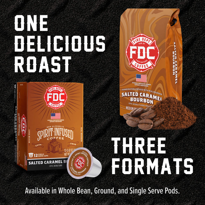 FDC Coffee Salted Caramel Bourbon coffee shown in three formats: a whole bean bag, a ground coffee box, and a single-serve pod. The packaging is brown with red and white branding, set against a black textured background with bold white text.