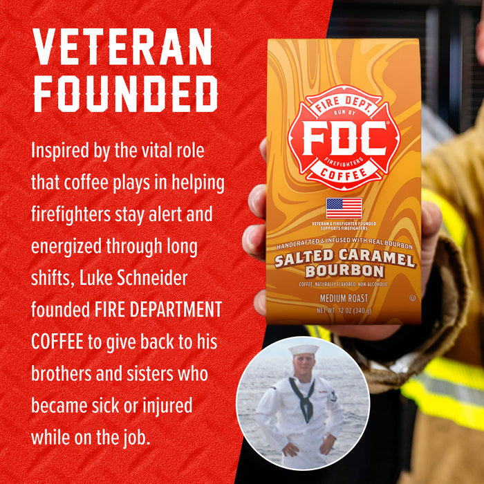 A hand holds a box of FDC Fire Department Coffee, Salted Caramel Bourbon, against a promotional graphic with a red background, white text, and a firefighter photo inset.