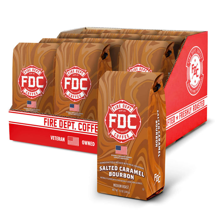 FDC Coffee packaging with 'Salted Caramel Bourbon' flavor on a white background