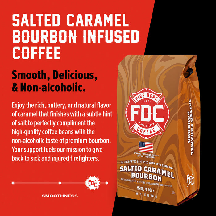FDC Coffee packaging with text about salted caramel bourbon infused coffee on a red background