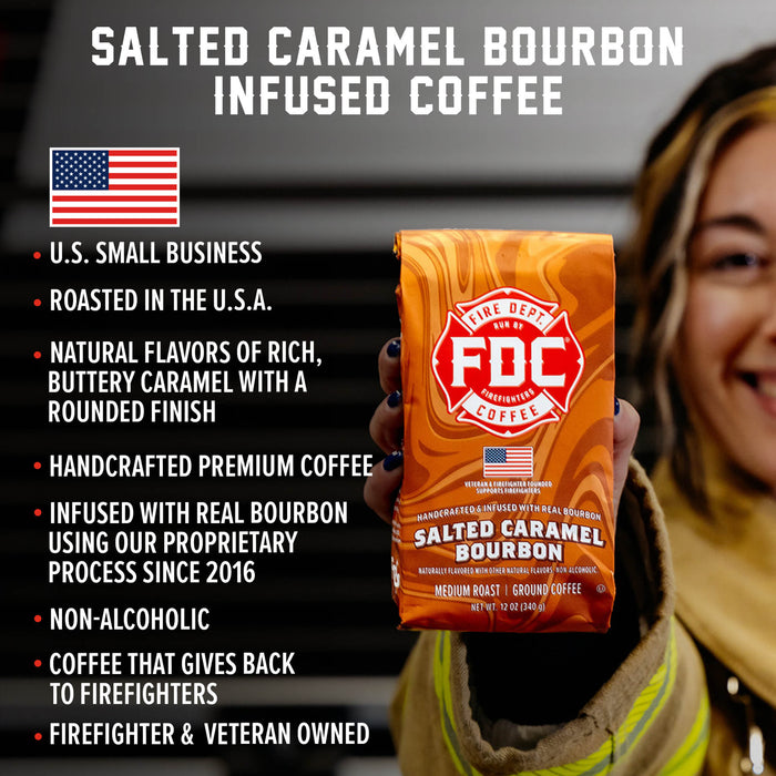 Person holding a bag of FDC Salted Caramel Bourbon Infused Coffee with product details.