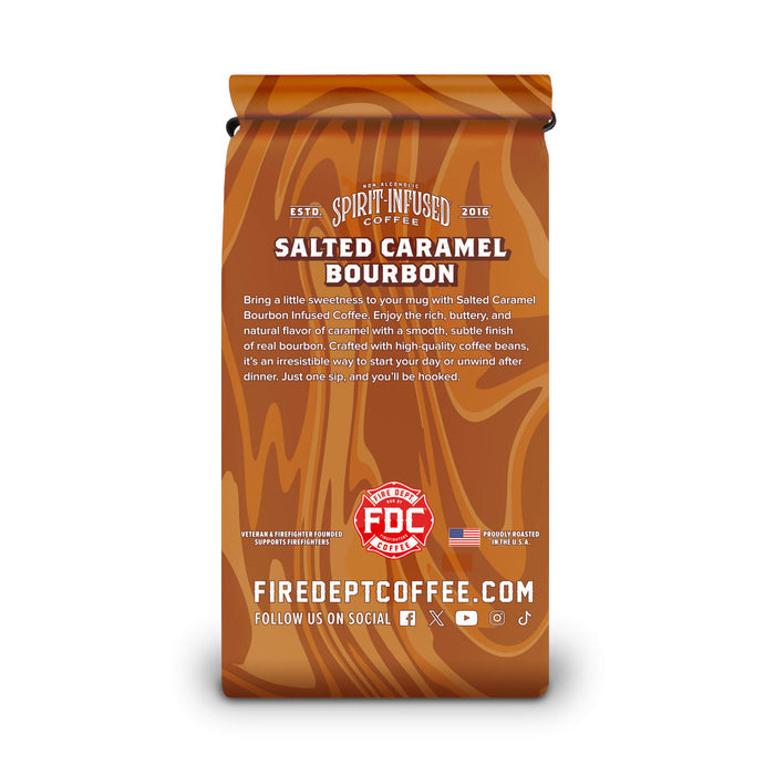Bag of Fire Dept Coffee Salted Caramel Bourbon coffee on a white background