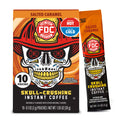 FCD Fire Department Salted Caramel Instant Coffee packaging, showing a 10-count box alongside a single stick pouch. The design features a skull wearing a firefighter helmet with a red, orange, and black color scheme and a blue 'Enjoy Hot or Cold' badge.